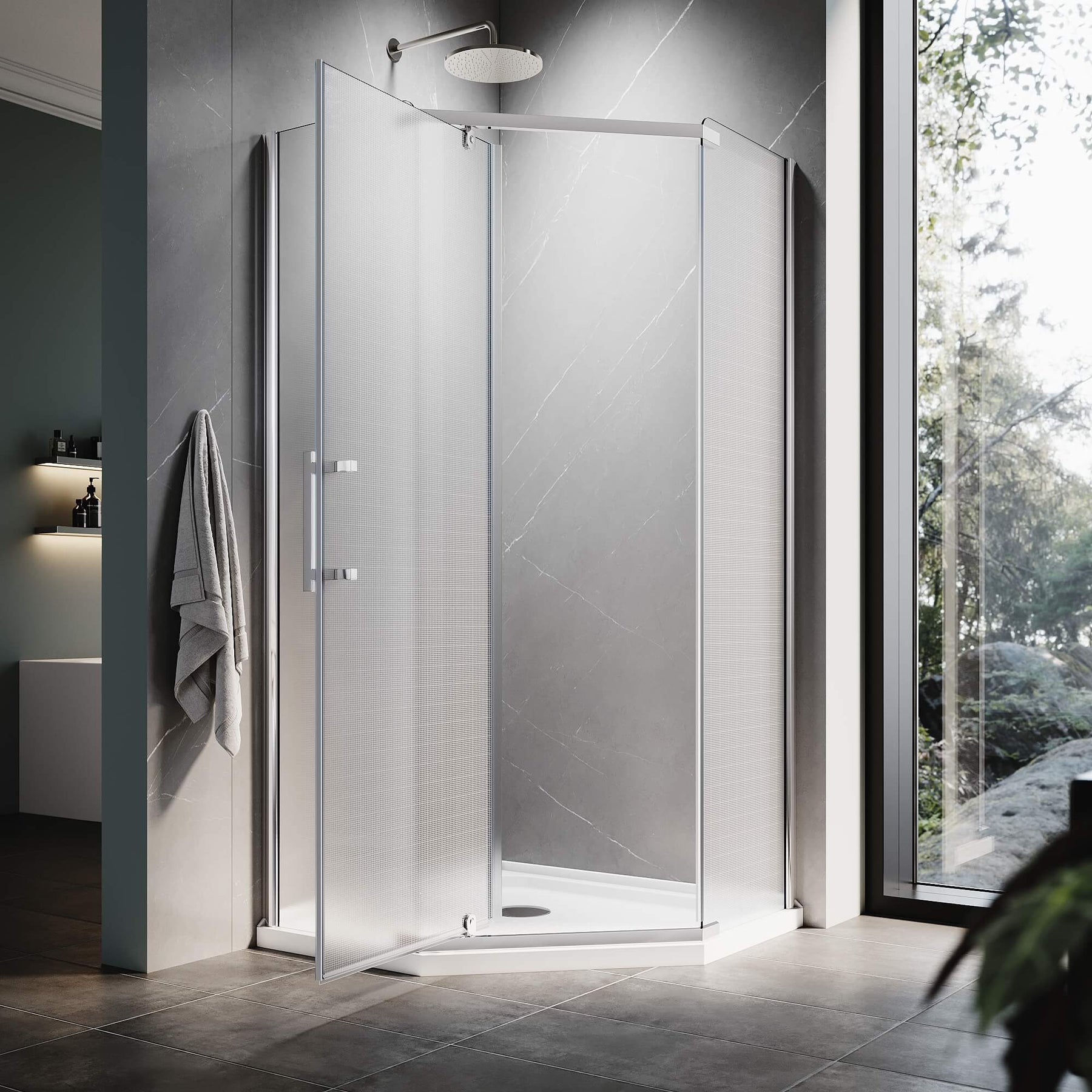 ELEGANT Corner Diamond Shower Enclosure with 36.5" W x 36.5" D x 72" H Frosted Pivot Doors, Chrome Finish
