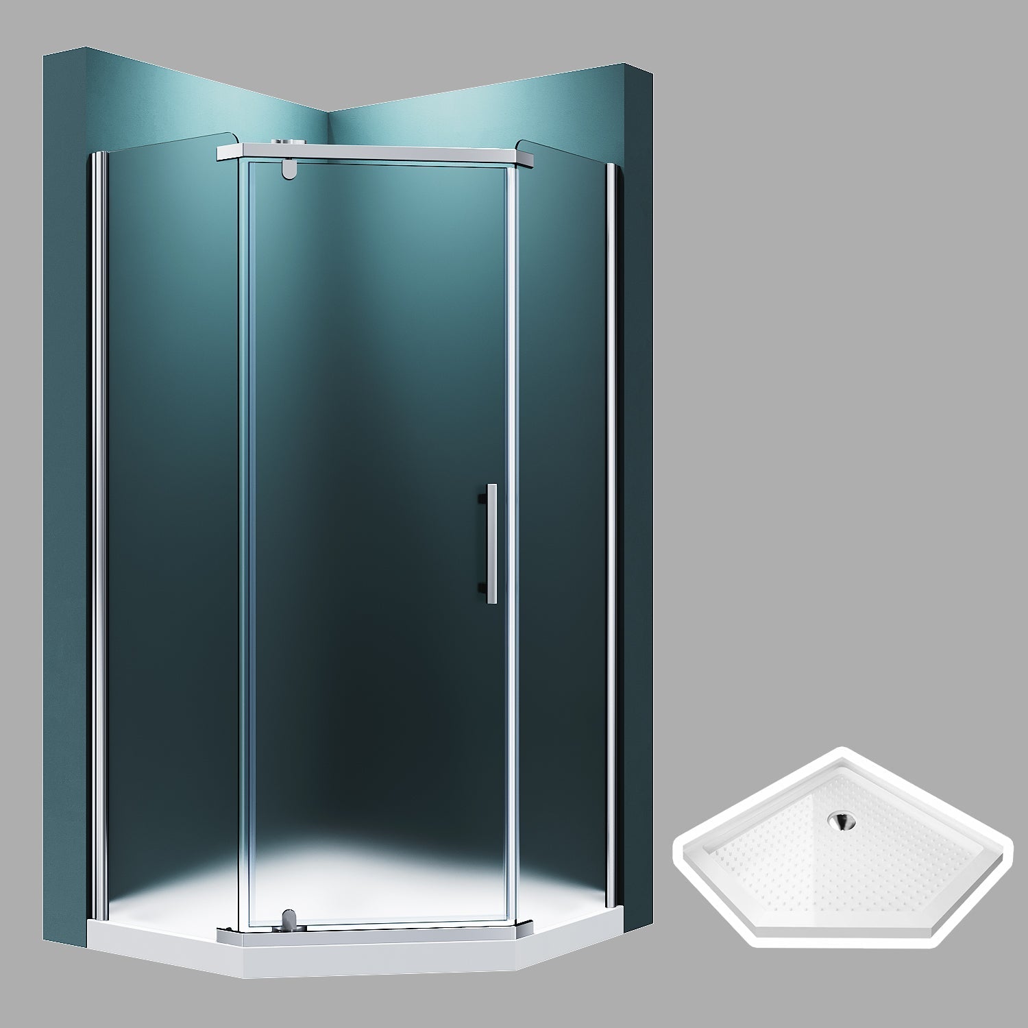 SUNNY SHOWER 36.5" W x 36.5" D x 72" H Frosted Chrome Finish Pivot Enclosures With Pivot Door And White Quadrant Bases