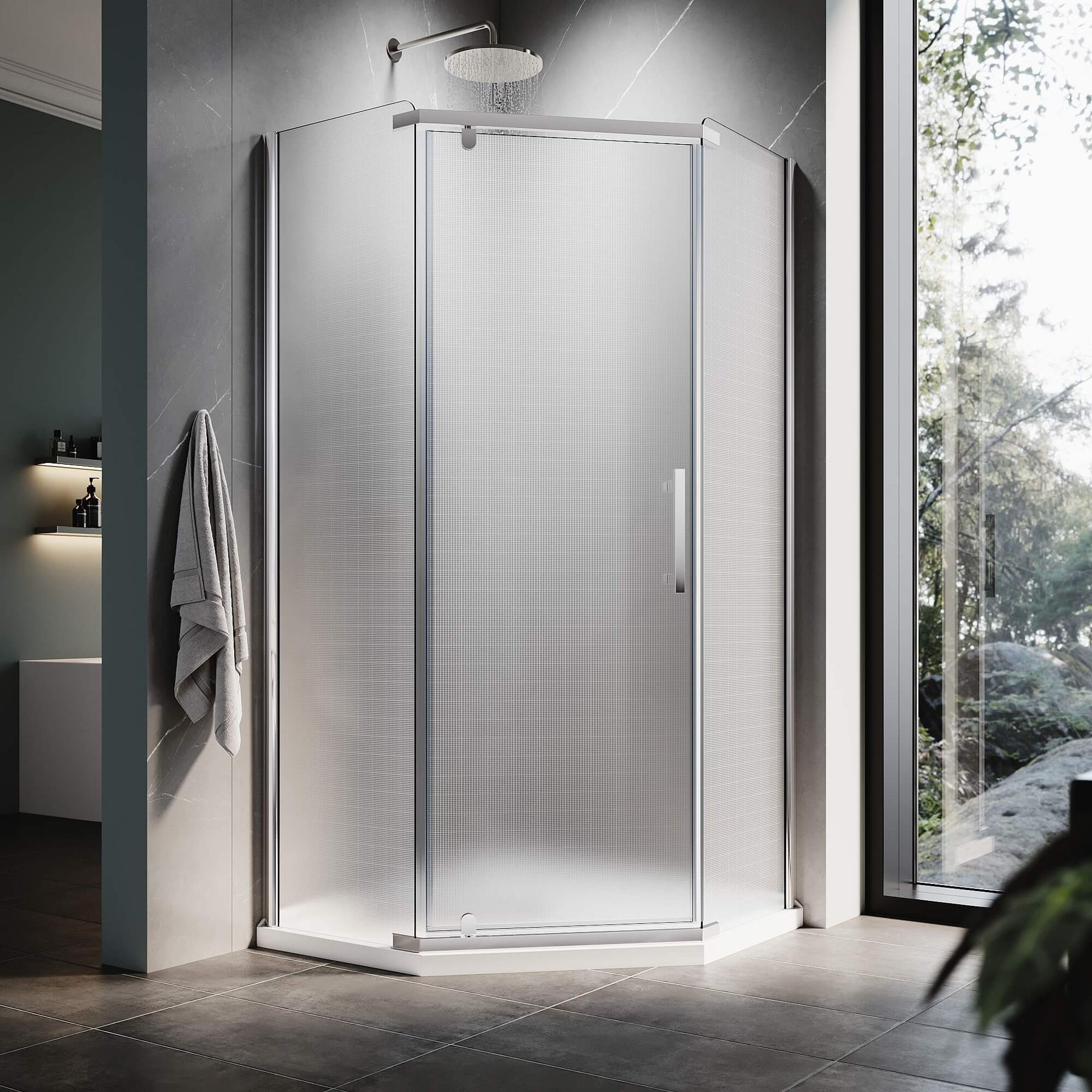 ELEGANT Corner Diamond Shower Enclosure with 36.5" W x 36.5" D x 72" H Frosted Pivot Doors, Chrome Finish
