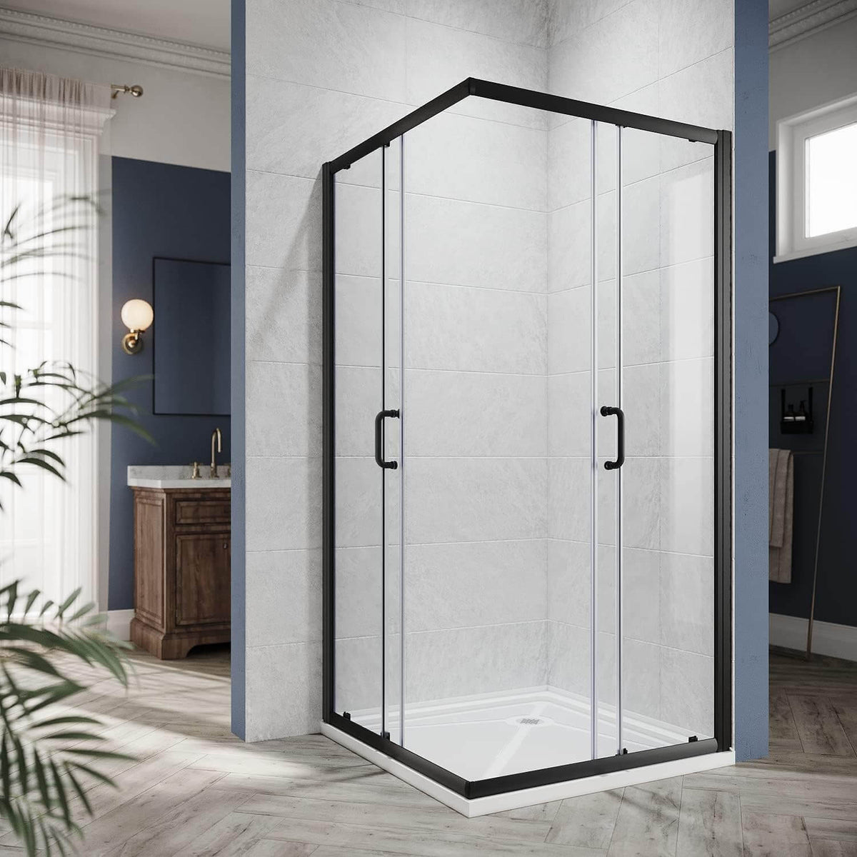 ELEGANT Black Finish Corner Square Double Sliding Shower Enclosure