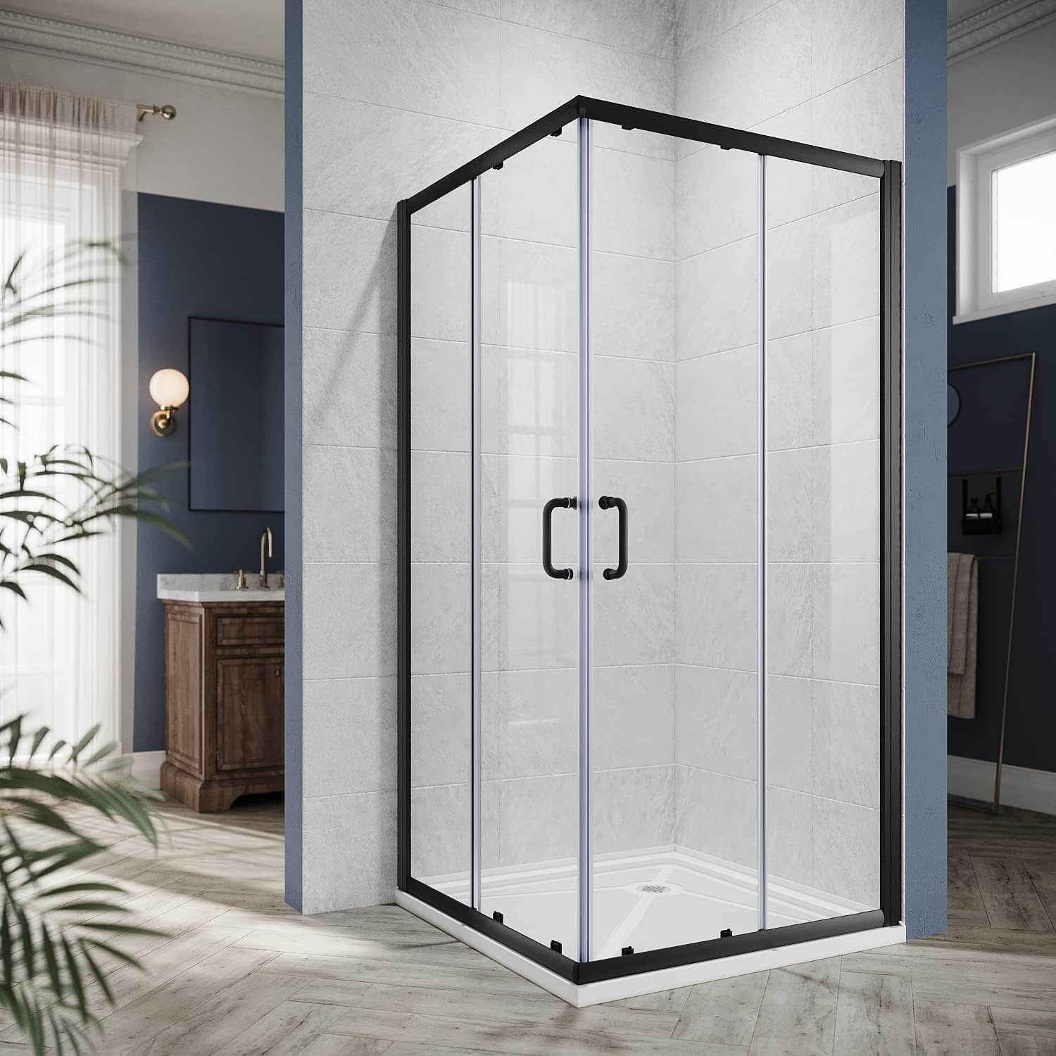 ELEGANT Black Finish Corner Square Double Sliding Shower Enclosure