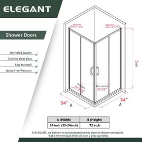 ELEGANT 34 in. W x 34 in. D x 72 in. H Corner Double Sliding Square Shower Enclosure Size Chart