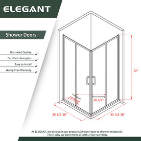 ELEGANT 36 in. W x 36 in. D x 72 in. H Corner Double Sliding Square Shower Enclosure Size Chart