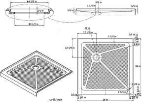 ELEGANT 36 in. W x 36 in. D x 3 in. H White Corner Drain Square Bases Size Chart 