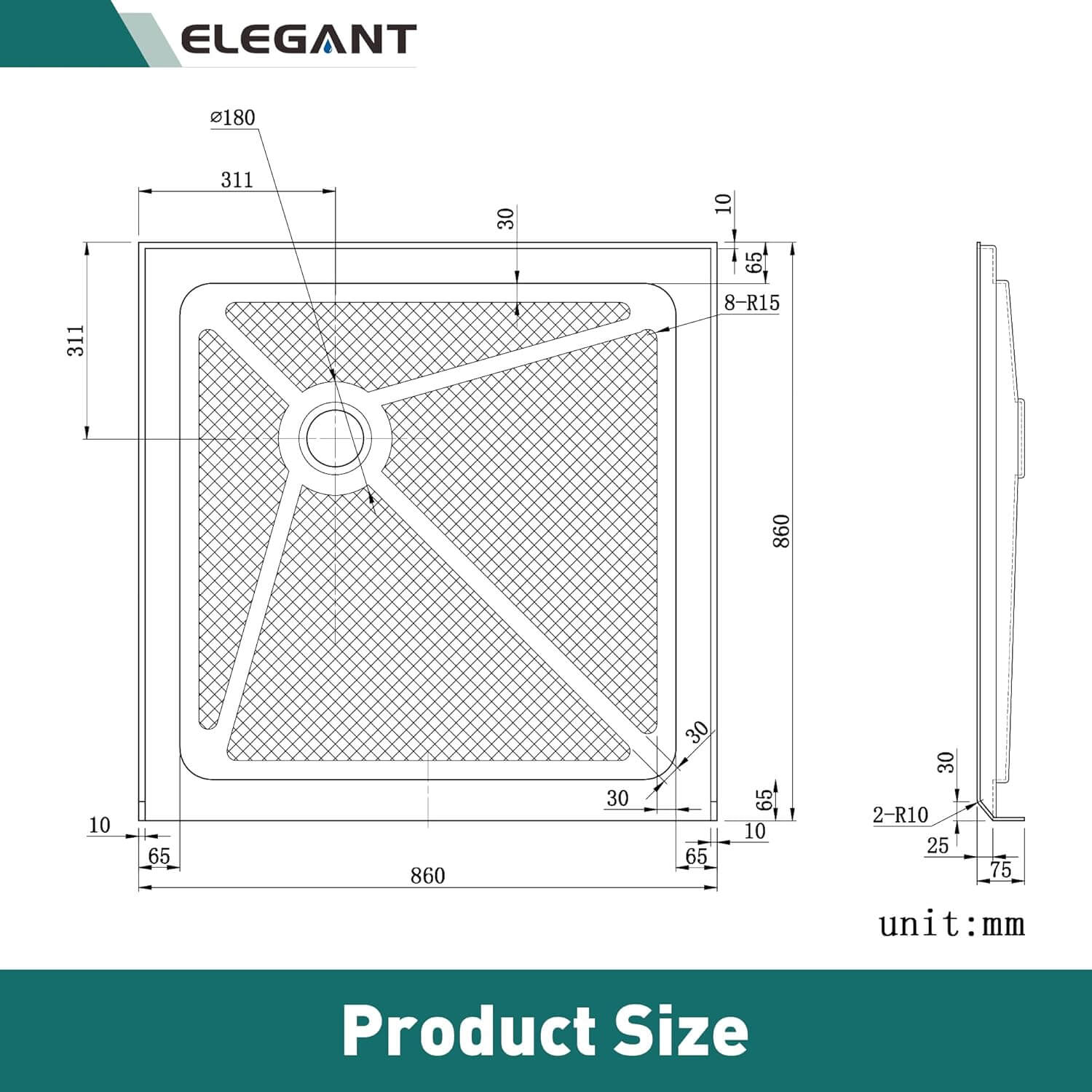 ELEGANT 34 in. W x 34 in. D x 3 in. H White Corner Drain Square Bases Size Chart 