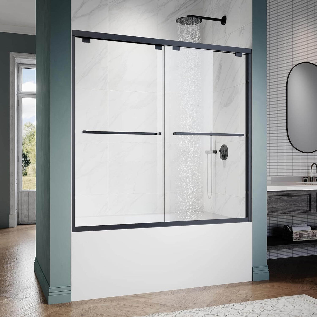 ELEGANT 1/4-inch Black Finish Bathtub Double Sliding Doors for tub, With Clear Tempered Glass