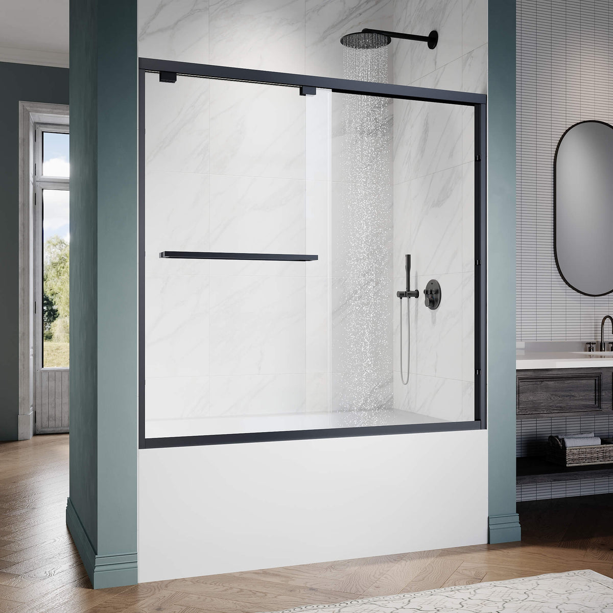 ELEGANT 1/4-inch Black Finish Bathtub Double Sliding Doors for tub, With Clear Tempered Glass