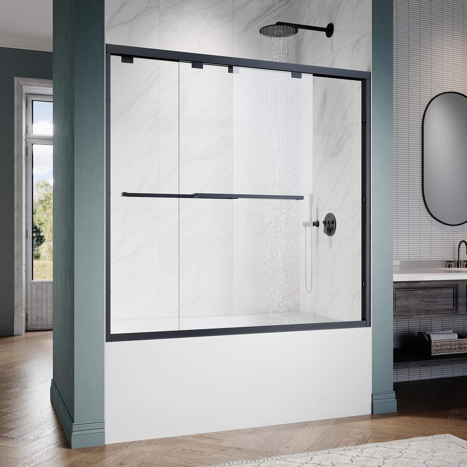 ELEGANT 1/4-inch Black Finish Bathtub Double Sliding Doors for tub, With Clear Tempered Glass