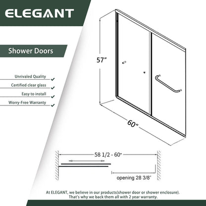 ELEGANT 60" x 57" Bathtub Double Sliding Doors for tub, With Clear Tempered Glass Size Chart