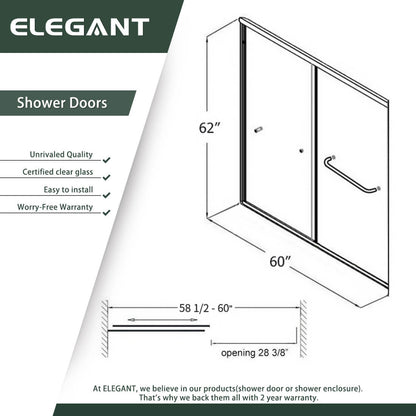 ELEGANT 60" x 62" Bathtub Double Sliding Doors for tub, With Clear Tempered Glass Size Chart