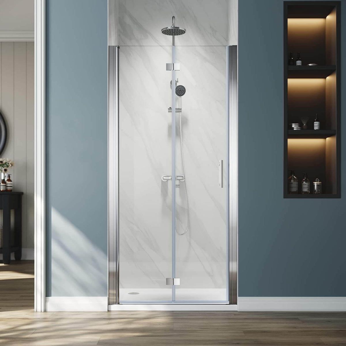 Sunny Shower 34x72 Inch Bi-Fold Shower Door - Tempered Glass Black Frame Bathroom Panel