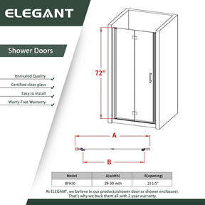 ELEGANT 30 in. W x 72 in. H Bi-Fold Shower Door, With Frameless Clear Tempered Glass Size Chart