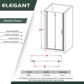 ELEGANT 32 in. W x 72 in. H Bi-Fold Shower Door, With Frameless Clear Tempered Glass Size Chart