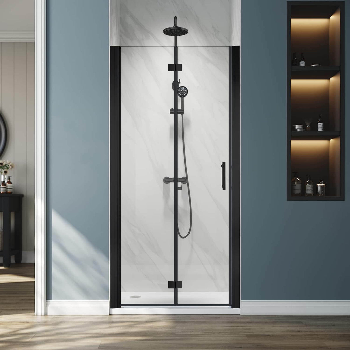 ELEGANT 1/4-inch Black Finish Bi-Fold Shower Door, With Frameless Clear Tempered Glass