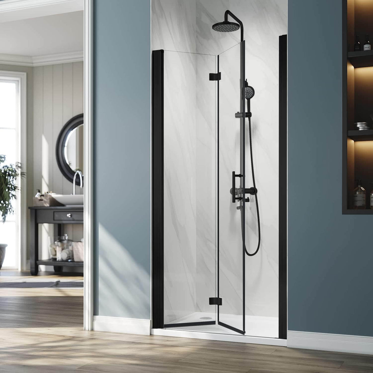 ELEGANT 1/4-inch Black Finish Bi-Fold Shower Door, With Frameless Clear Tempered Glass