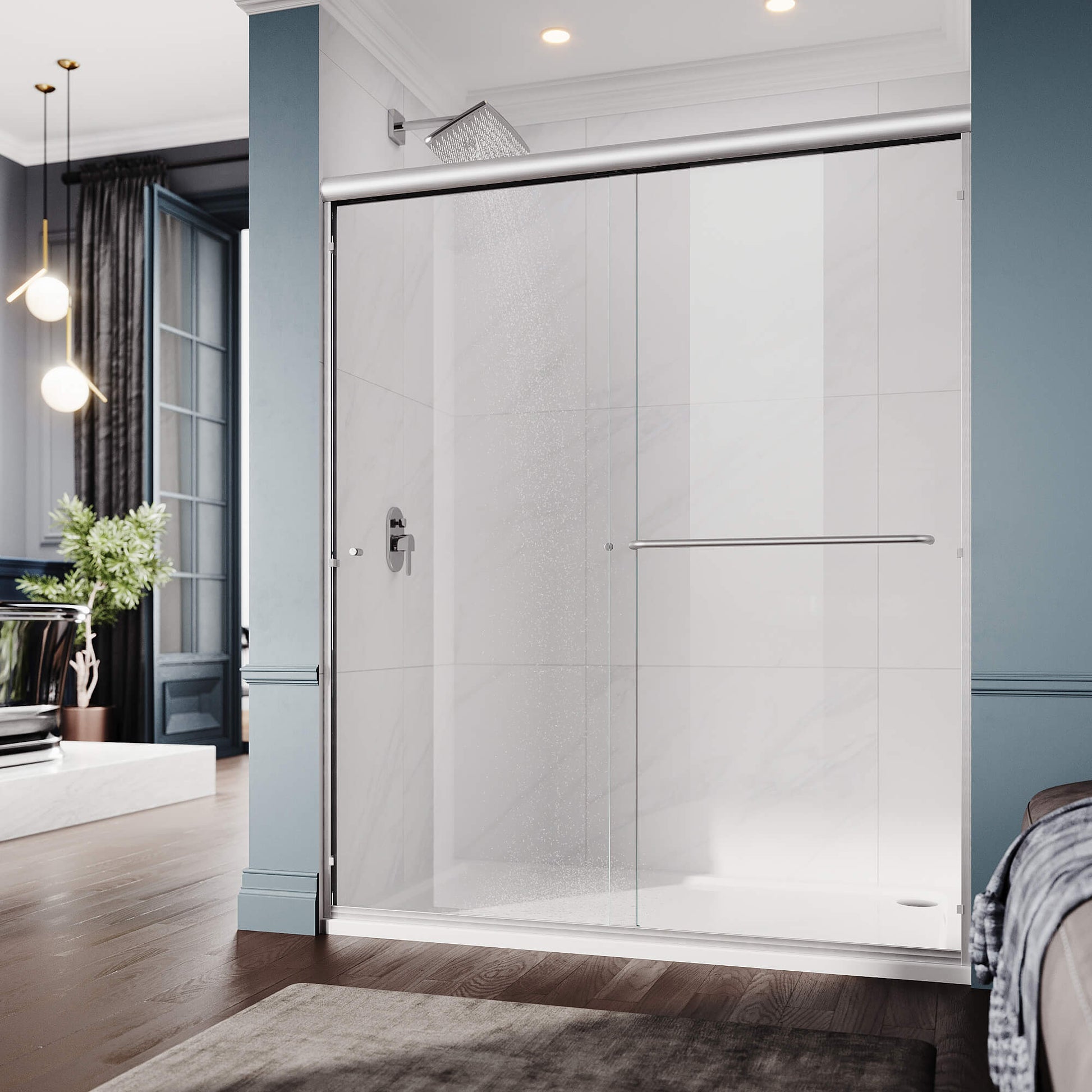 ELEGANT 1/4-inch Brushed Nickel Finish Double Sliding Shower Doors, With Clear Tempered Glass