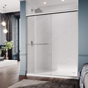 ELEGANT 1/4-inch Brushed Nickel Finish Double Sliding Shower Doors, With Clear Tempered Glass