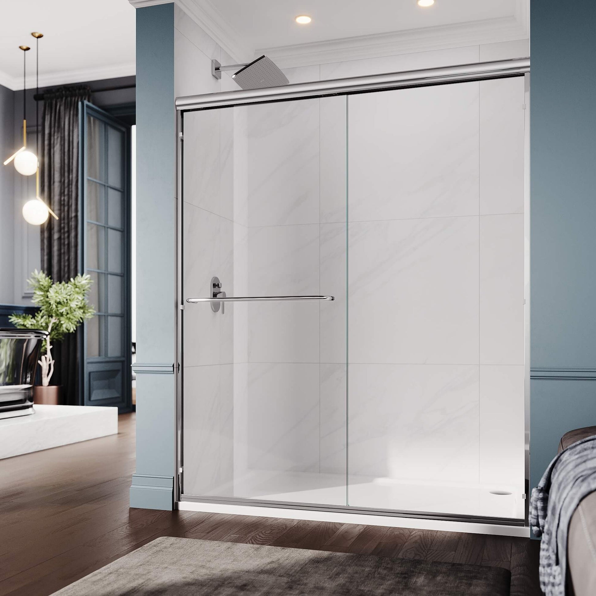 ELEGANT 1/4-inch Chrome Finish Double Sliding Shower Doors, With Clear Tempered Glass