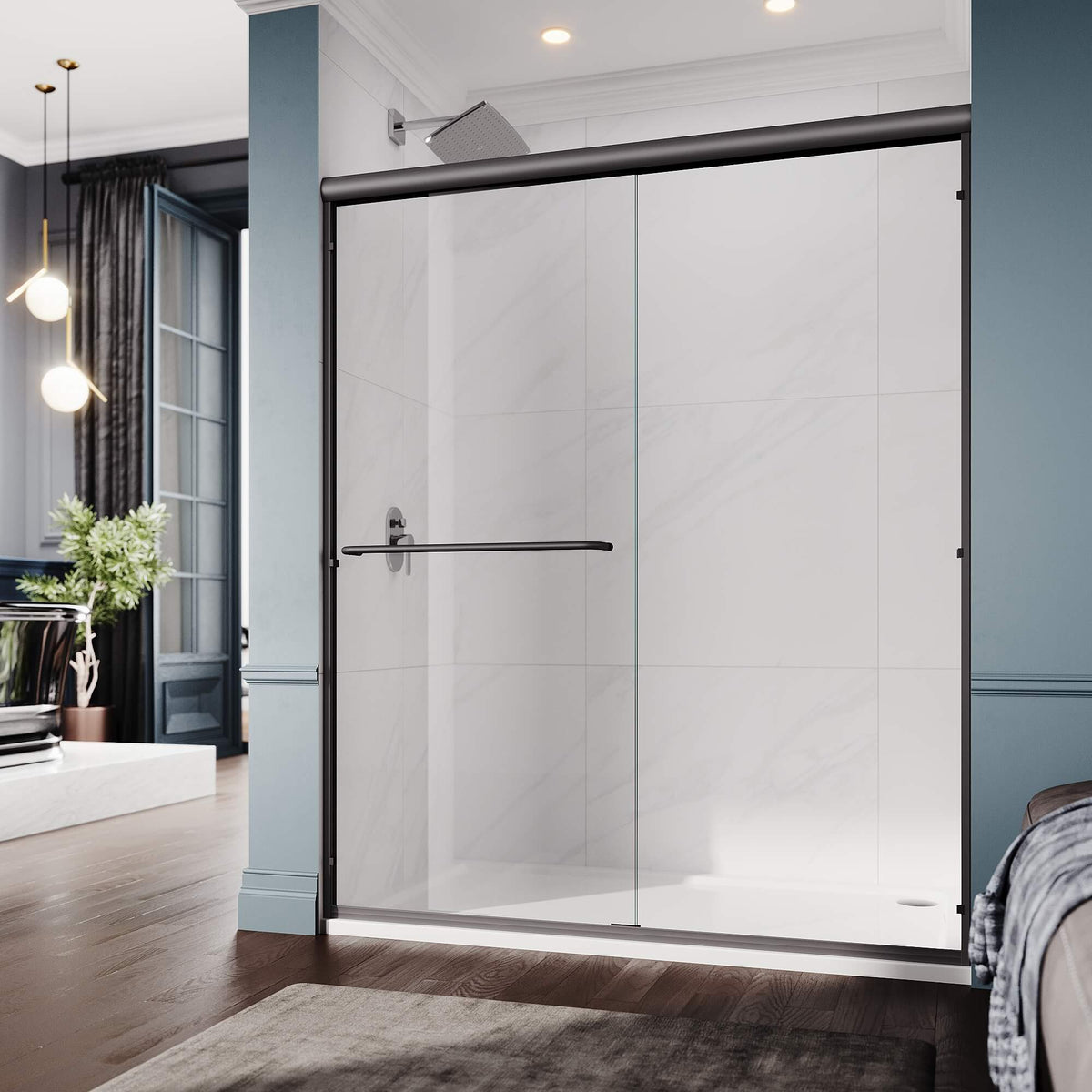 ELEGANT 1/4-inch Black Finish Double Sliding Shower Doors, With Clear Tempered Glass