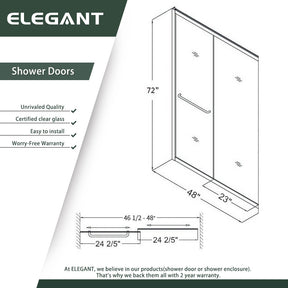 ELEGANT 48" x 72" Double Sliding Shower Doors, With Clear Tempered Glass Size Chart
