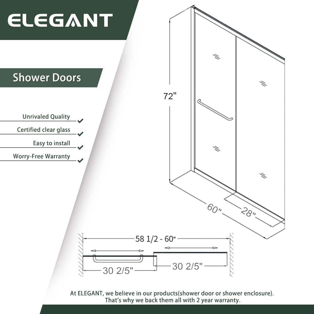 ELEGANT 60" x 72" Double Sliding Shower Doors, With Clear Tempered Glass Size Chart