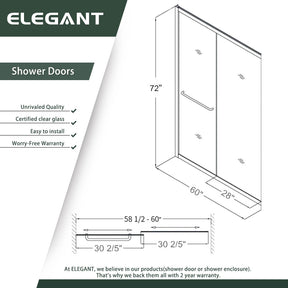 ELEGANT 60" x 72" Double Sliding Shower Doors, With Clear Tempered Glass Size Chart