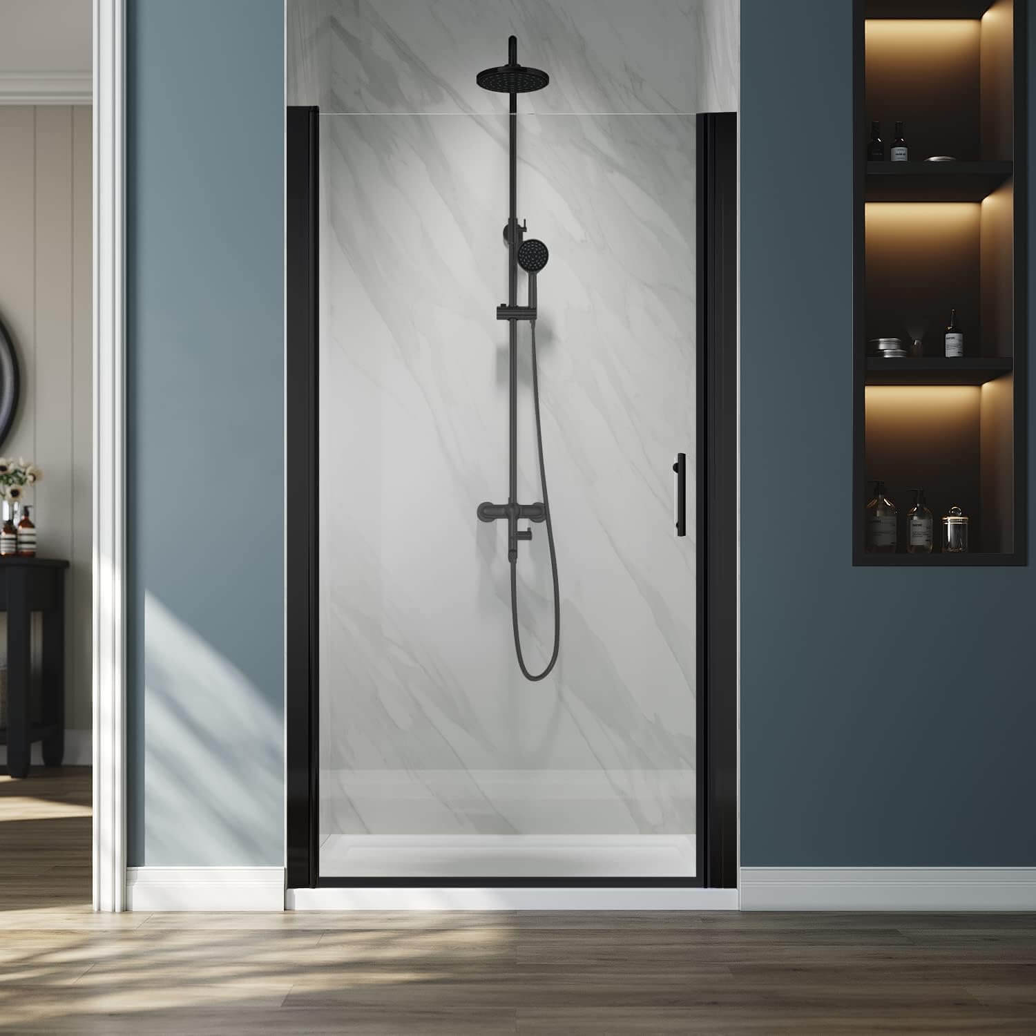 ELEGANT 1/4-inch Black Finish Pivot Shower Door, With Frameless Clear Tempered Glass