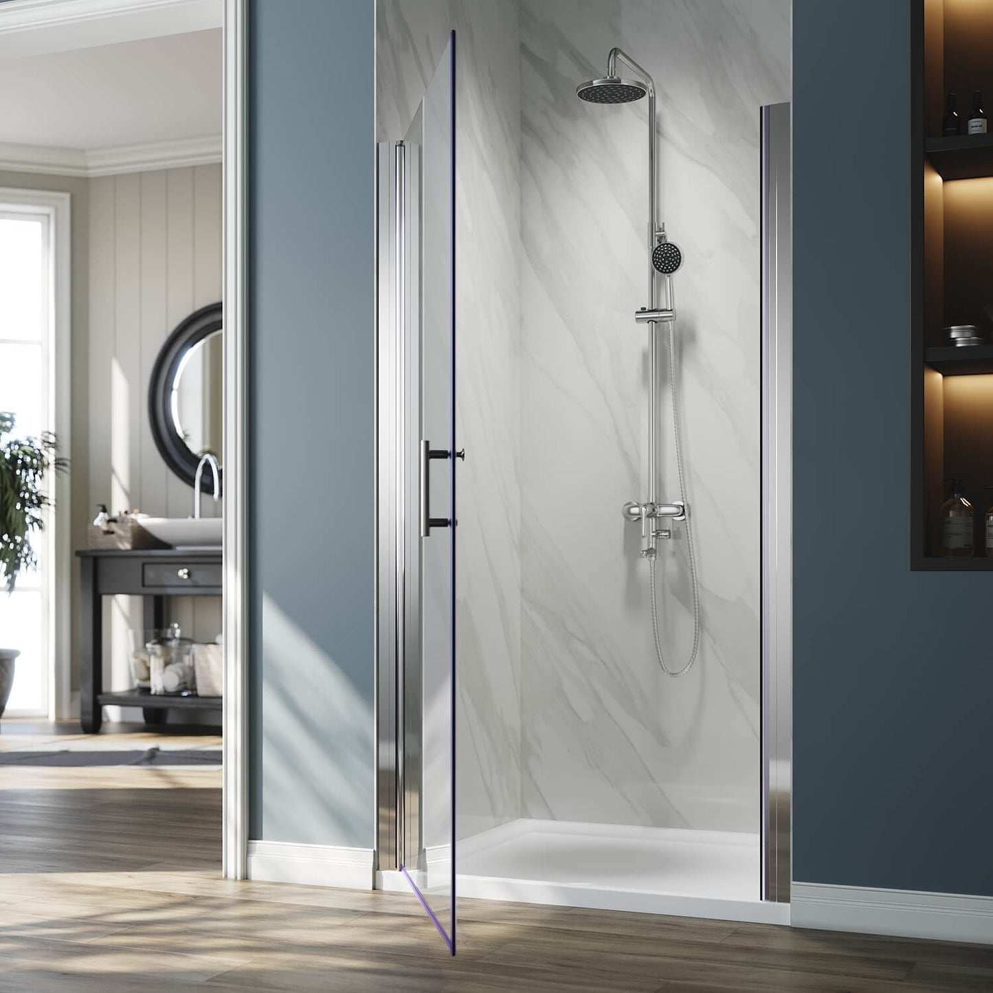 ELEGANT 1/4-inch Chrome Finish Pivot Shower Door, With Frameless Clear Tempered Glass