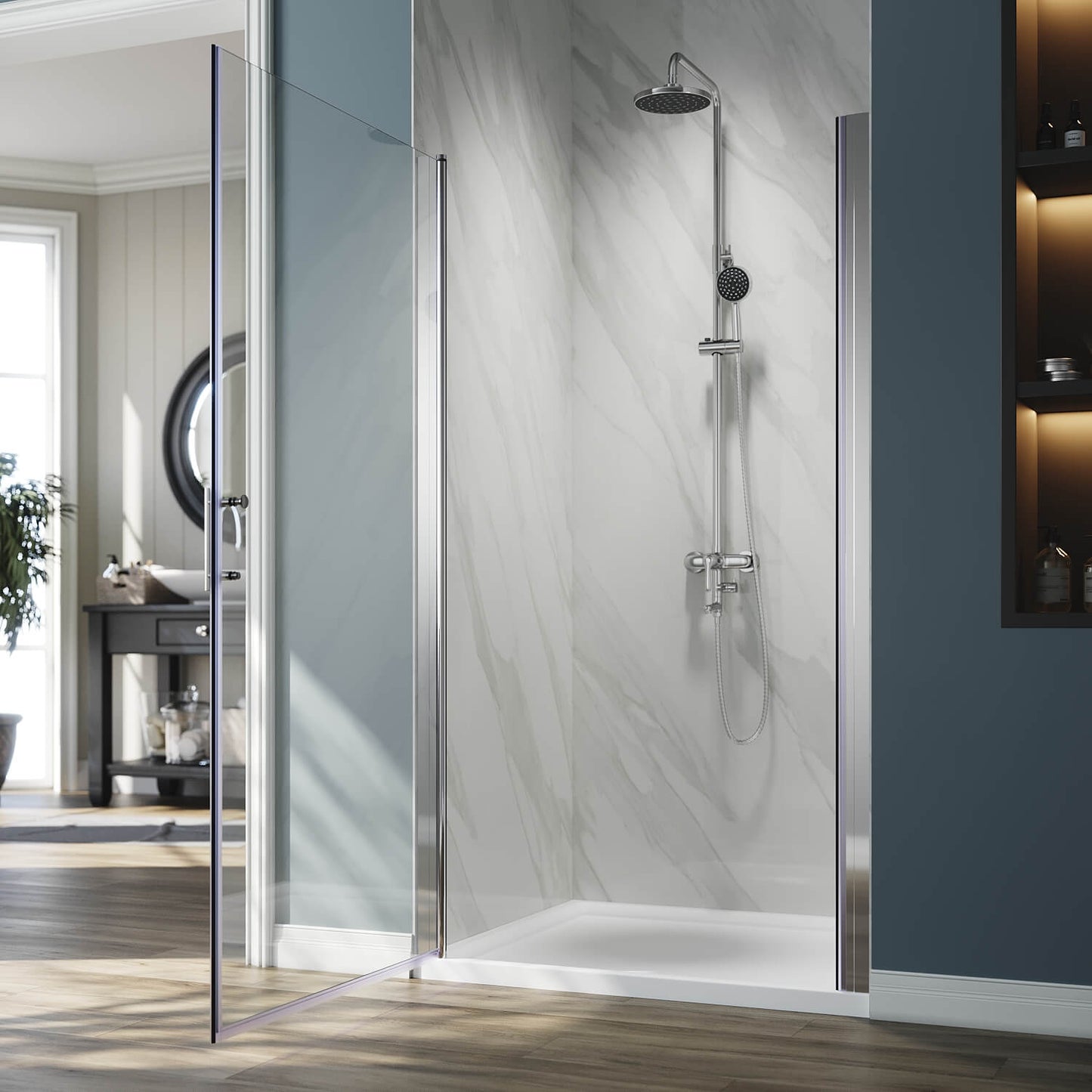 ELEGANT 1/4-inch Chrome Finish Pivot Shower Door, With Frameless Clear Tempered Glass