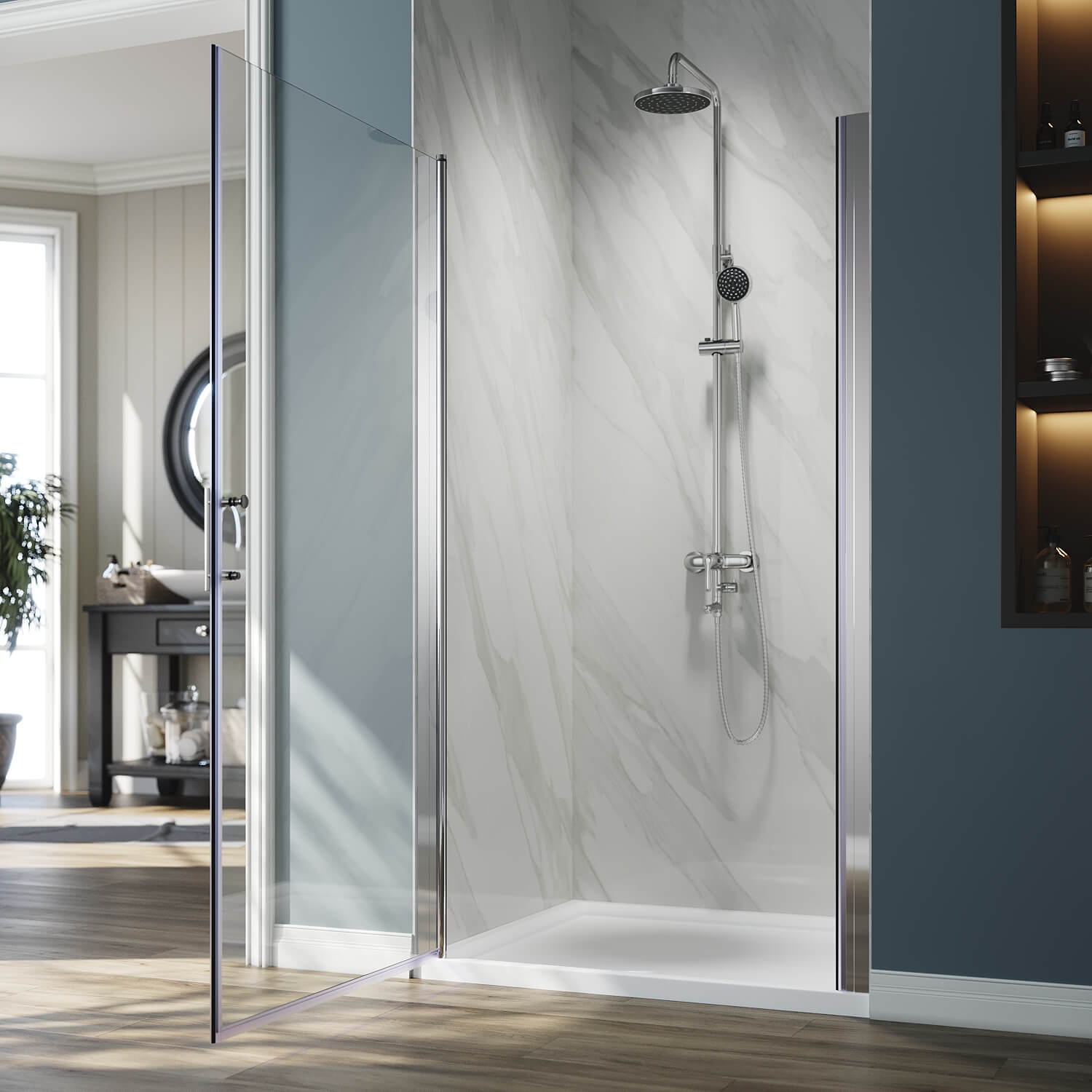 ELEGANT 1/4-inch Chrome Finish Pivot Shower Door, With Frameless Clear Tempered Glass