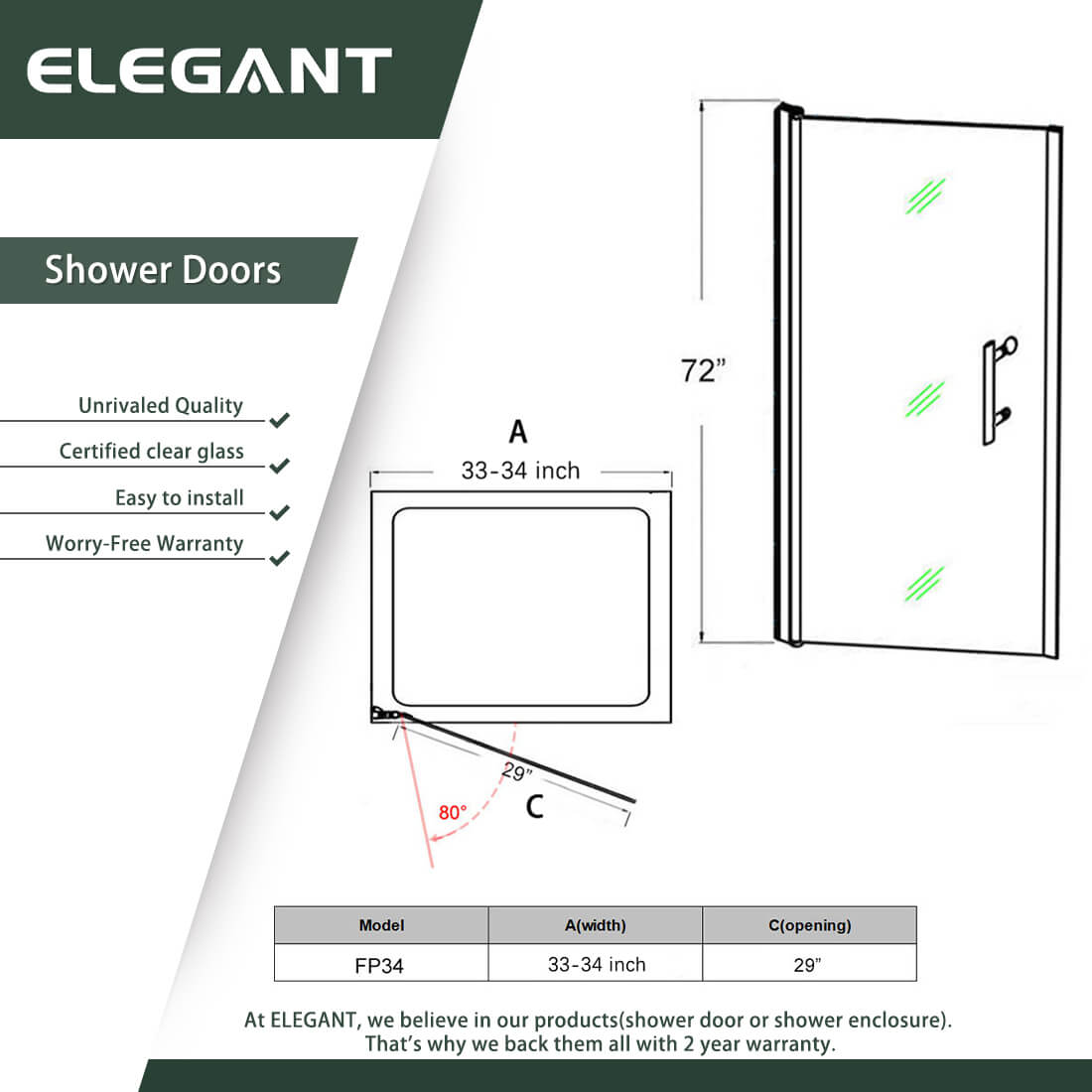 ELEGANT 34 in. W x 72 in. H Pivot Shower Door, With Frameless Clear Tempered Glass Size Chart