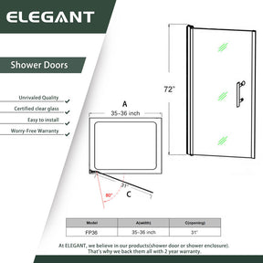 ELEGANT 36 in. W x 72 in. H Pivot Shower Door, With Frameless Clear Tempered Glass Size Chart