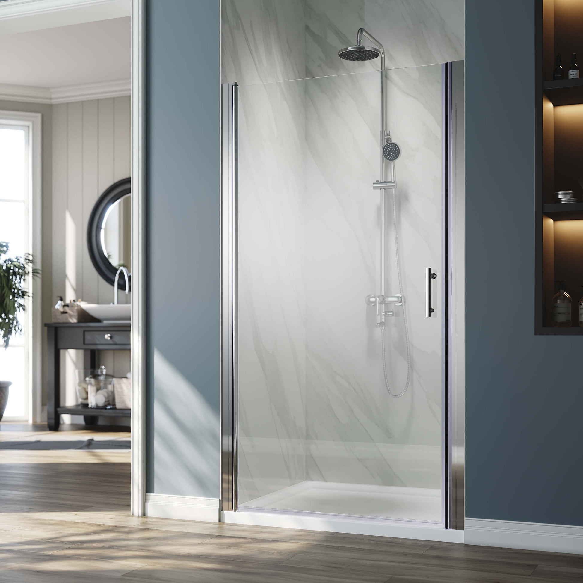 ELEGANT 1/4-inch Chrome Finish Pivot Shower Door, With Frameless Clear Tempered Glass