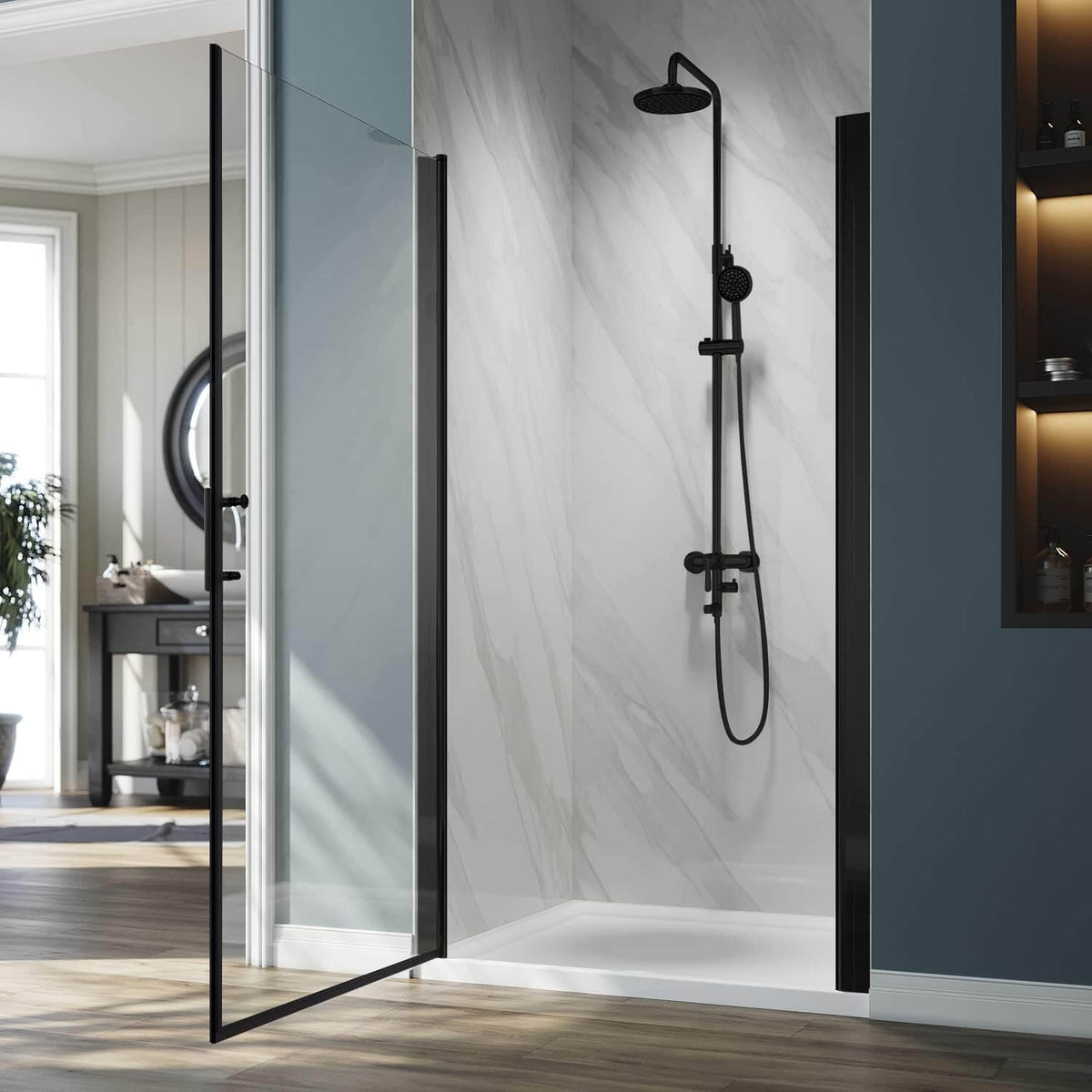 ELEGANT 1/4-inch Black Finish Pivot Shower Door, With Frameless Clear Tempered Glass