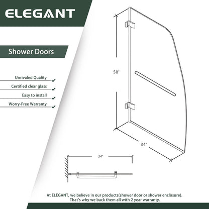 ELEGANT 34" x 58" Bathtub Hinged Shower Door for tub, With 5/16-inch Frameless Clear Tempered Glass Size Chart