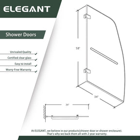 ELEGANT 34" x 58" Bathtub Hinged Shower Door for tub, With 5/16-inch Frameless Clear Tempered Glass Size Chart