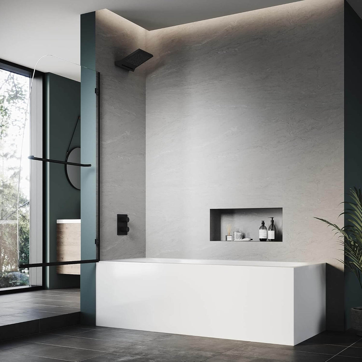ELEGANT 34" x 58" Black Finish Bathtub Hinged Shower Door for tub, With 5/16-inch Frameless Clear Tempered Glass