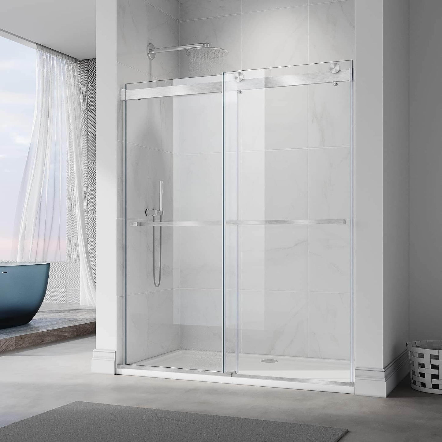 ELEGANT 3/8-inch Brushed Nickel Finish Double Sliding Shower Doors, With Frameless Clear Tempered Glass