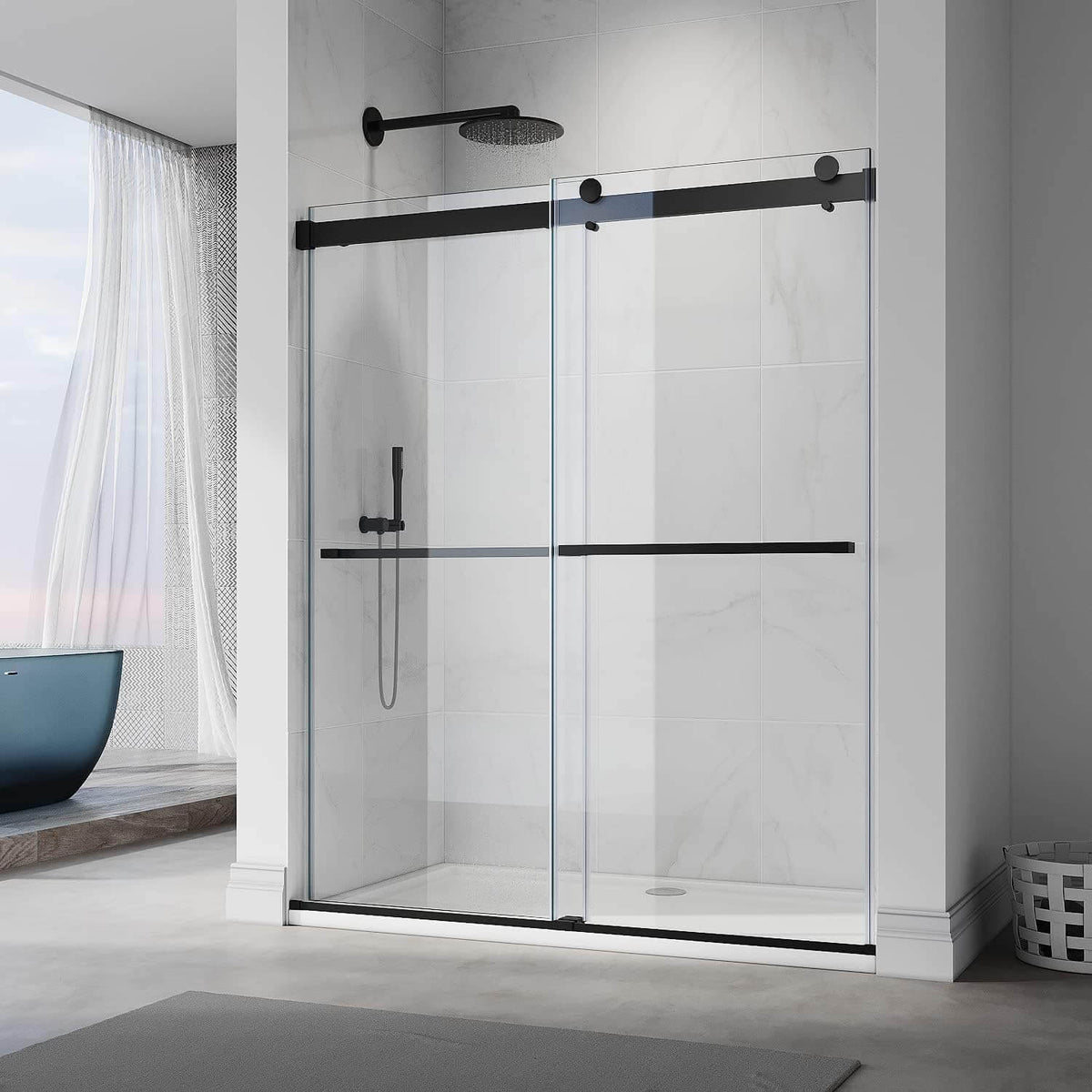 ELEGANT 3/8-inch Black Finish Double Sliding Shower Doors, With Frameless Clear Tempered Glass