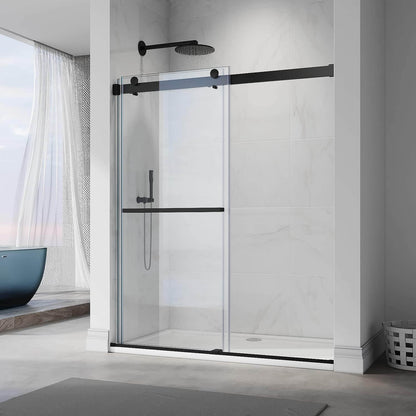 ELEGANT 3/8-inch Black Finish Double Sliding Shower Doors, With Frameless Clear Tempered Glass