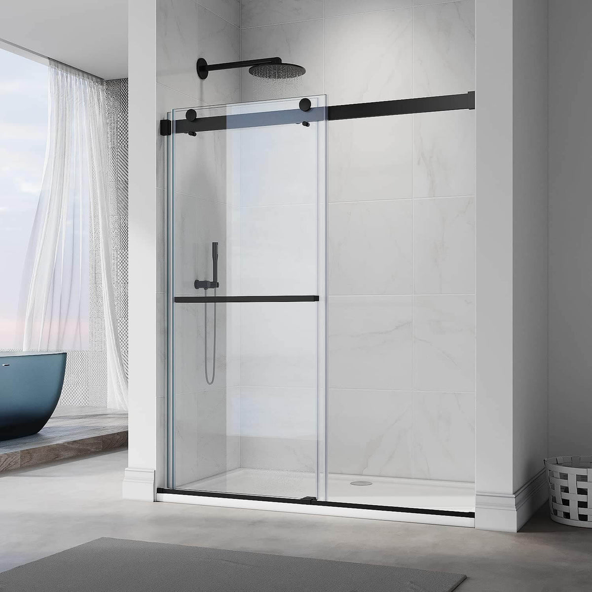 ELEGANT 3/8-inch Black Finish Double Sliding Shower Doors, With Frameless Clear Tempered Glass