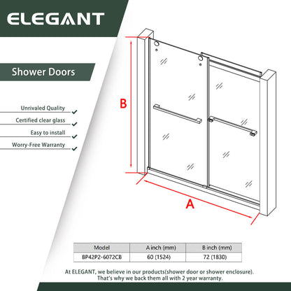 ELEGANT 60" x 72" Double Sliding Shower Doors, With Frameless Clear Tempered Glass Size Chart