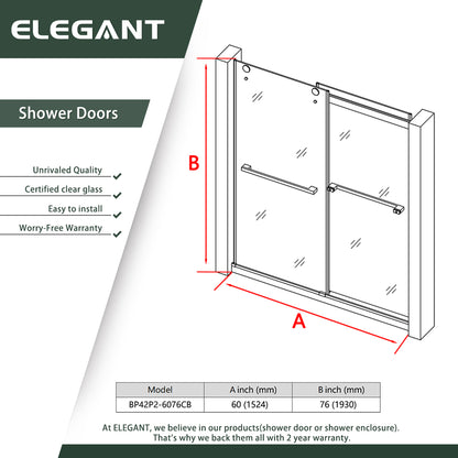 ELEGANT 60" x 76" Double Sliding Shower Doors, With Frameless Clear Tempered Glass Size Chart