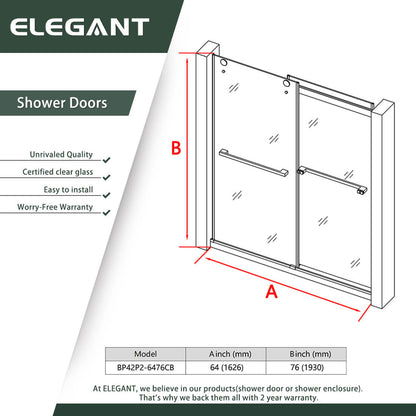ELEGANT 64" x 76" Double Sliding Shower Doors, With Frameless Clear Tempered Glass Size Chart