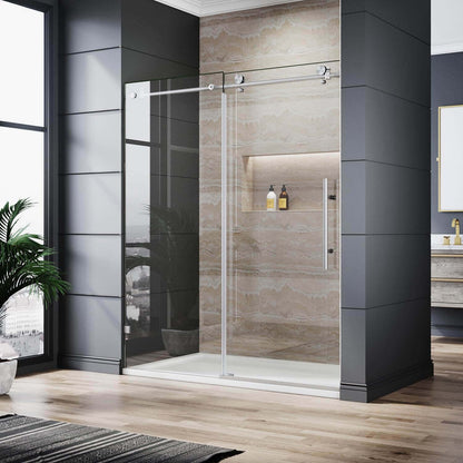 ELEGANT 3/8-inch Brushed Nickel Finish Sliding Shower Doors, With Frameless Clear Tempered Glass