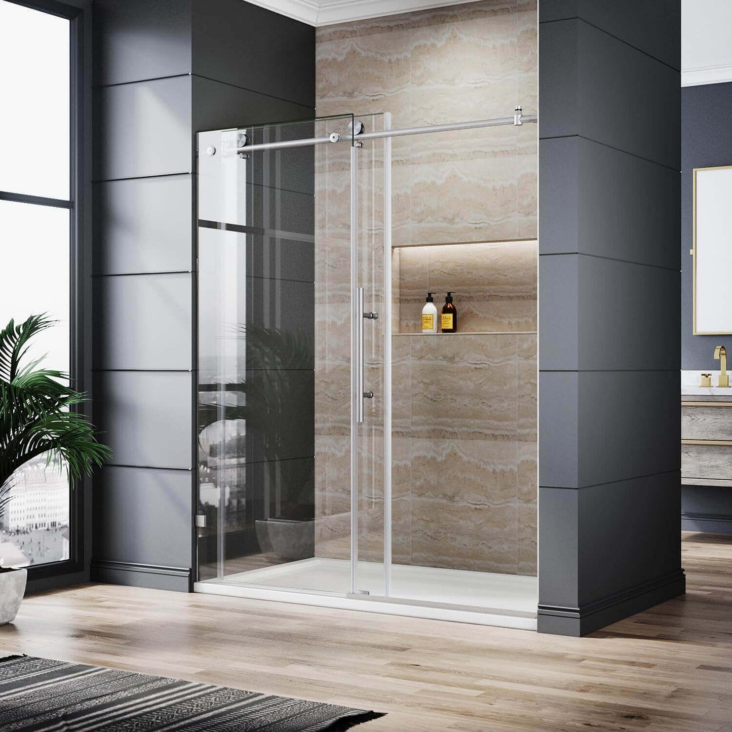ELEGANT 3/8-inch Brushed Nickel Finish Sliding Shower Doors, With Frameless Clear Tempered Glass
