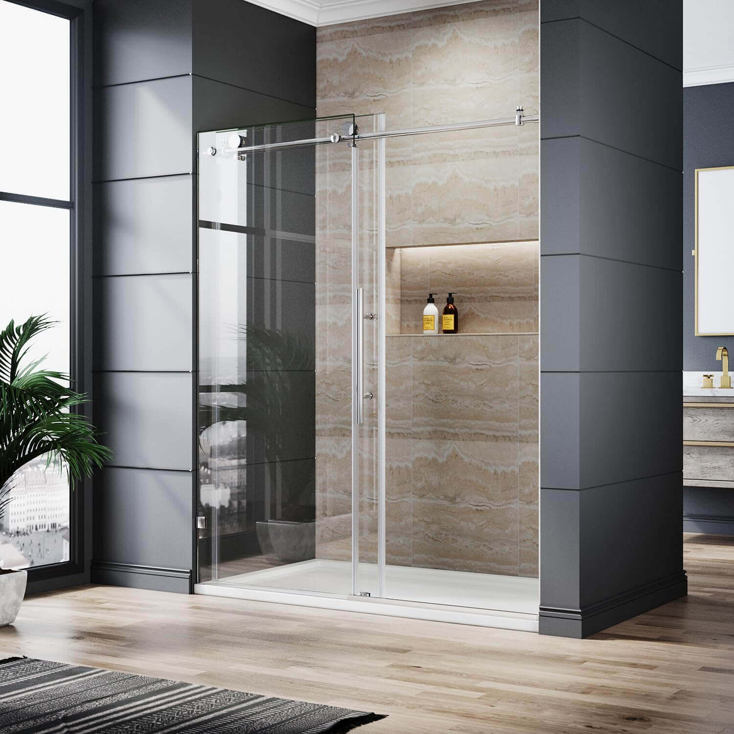 ELEGANT 3/8-inch Chrome Finish Sliding Shower Doors, With Frameless Clear Tempered Glass