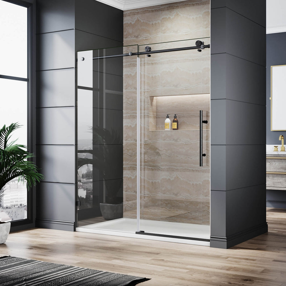 ELEGANT 3/8-inch Black Finish Sliding Shower Doors, With Frameless Clear Tempered Glass