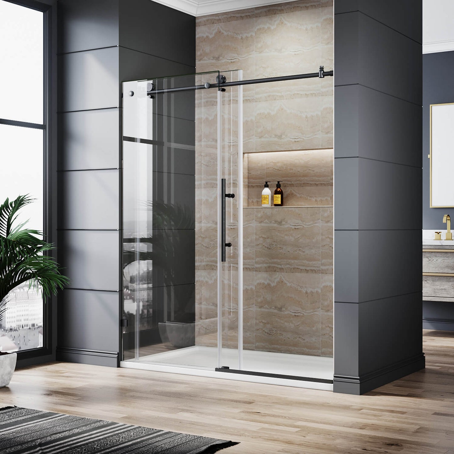 ELEGANT 3/8-inch Black Finish Sliding Shower Doors, With Frameless Clear Tempered Glass