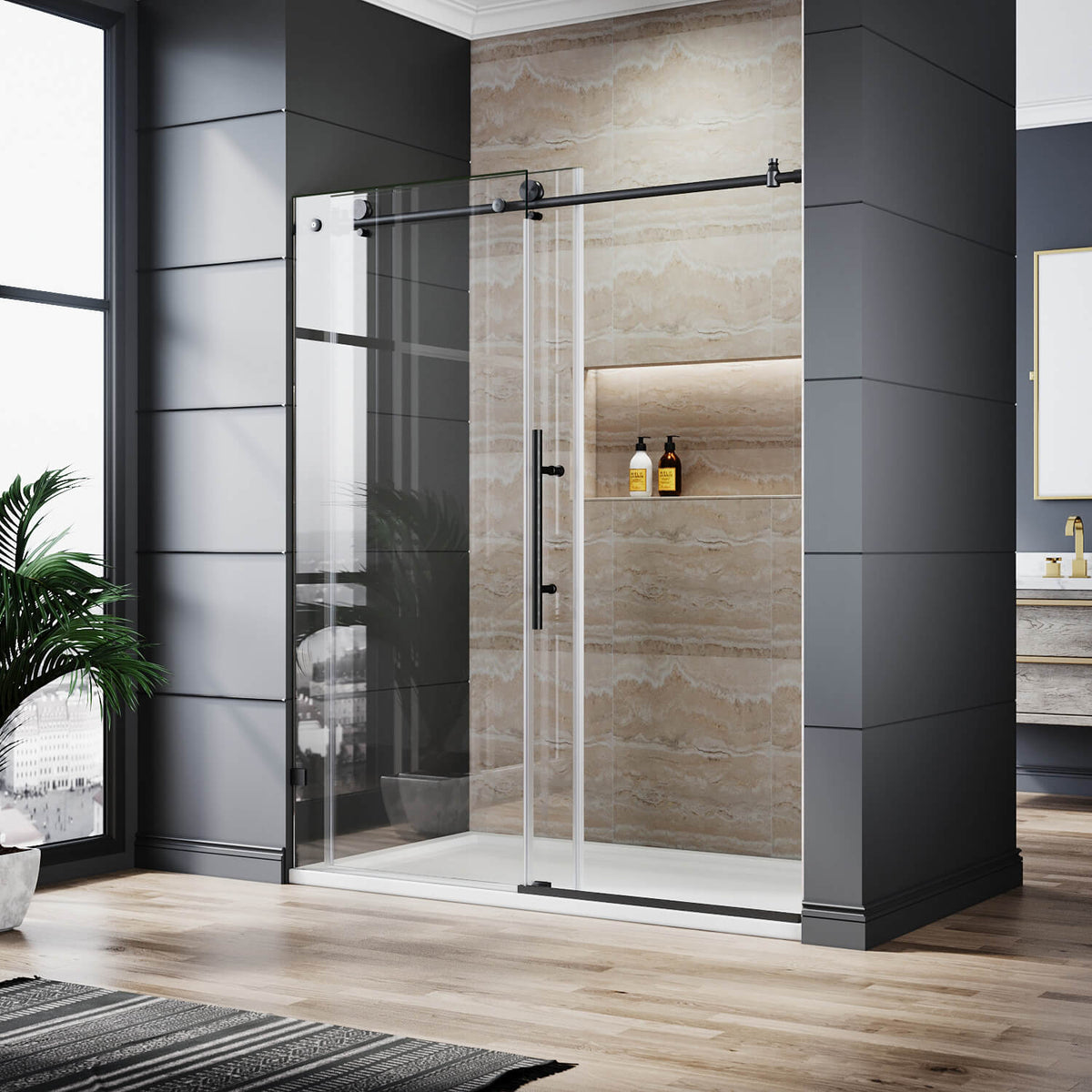 ELEGANT 3/8-inch Black Finish Sliding Shower Doors, With Frameless Clear Tempered Glass